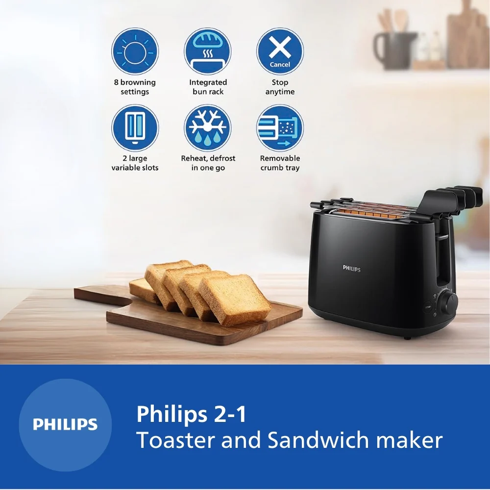 Philips 600 Watts 2-Slice Toaster with Integrated Bun Rack Black - HD2583/90 - Image 4