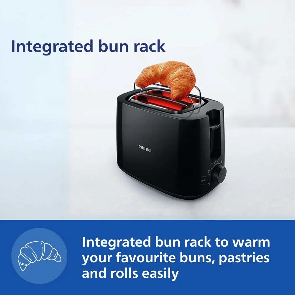 Philips 600 Watts 2-Slice Toaster with Integrated Bun Rack Black - HD2583/90 - Image 7