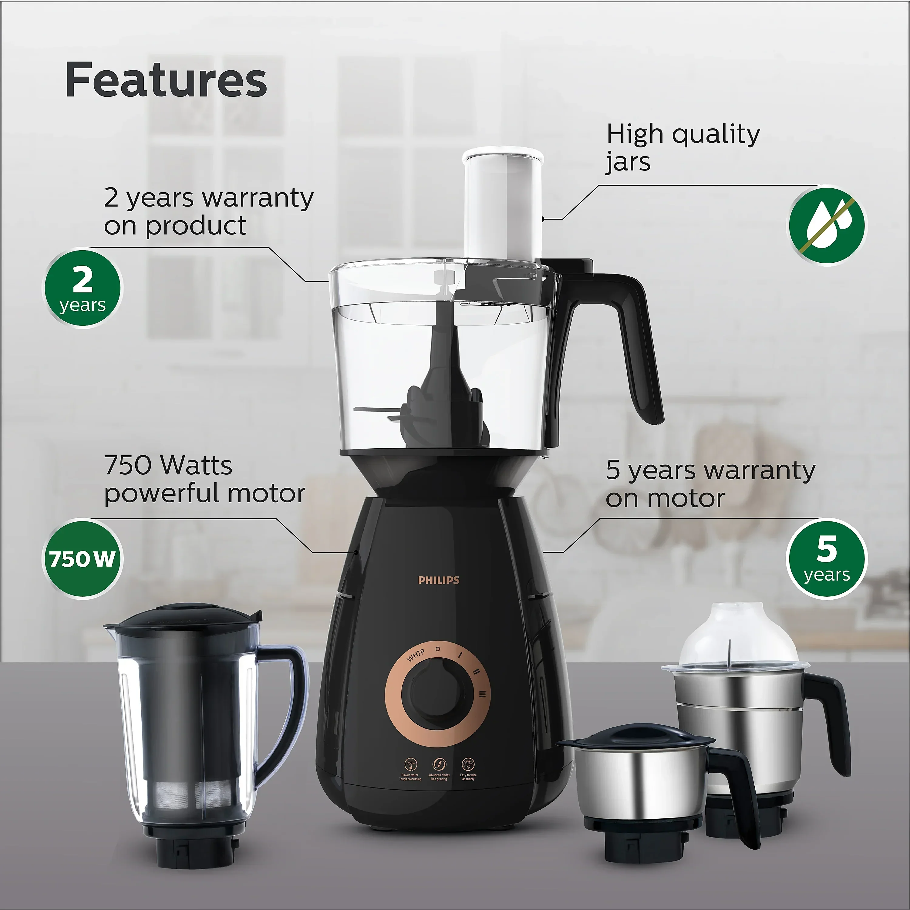 Philips 750 Watt Mixer Grinder with Food Processor Jar - HL7707/01 - EMP - Image 2