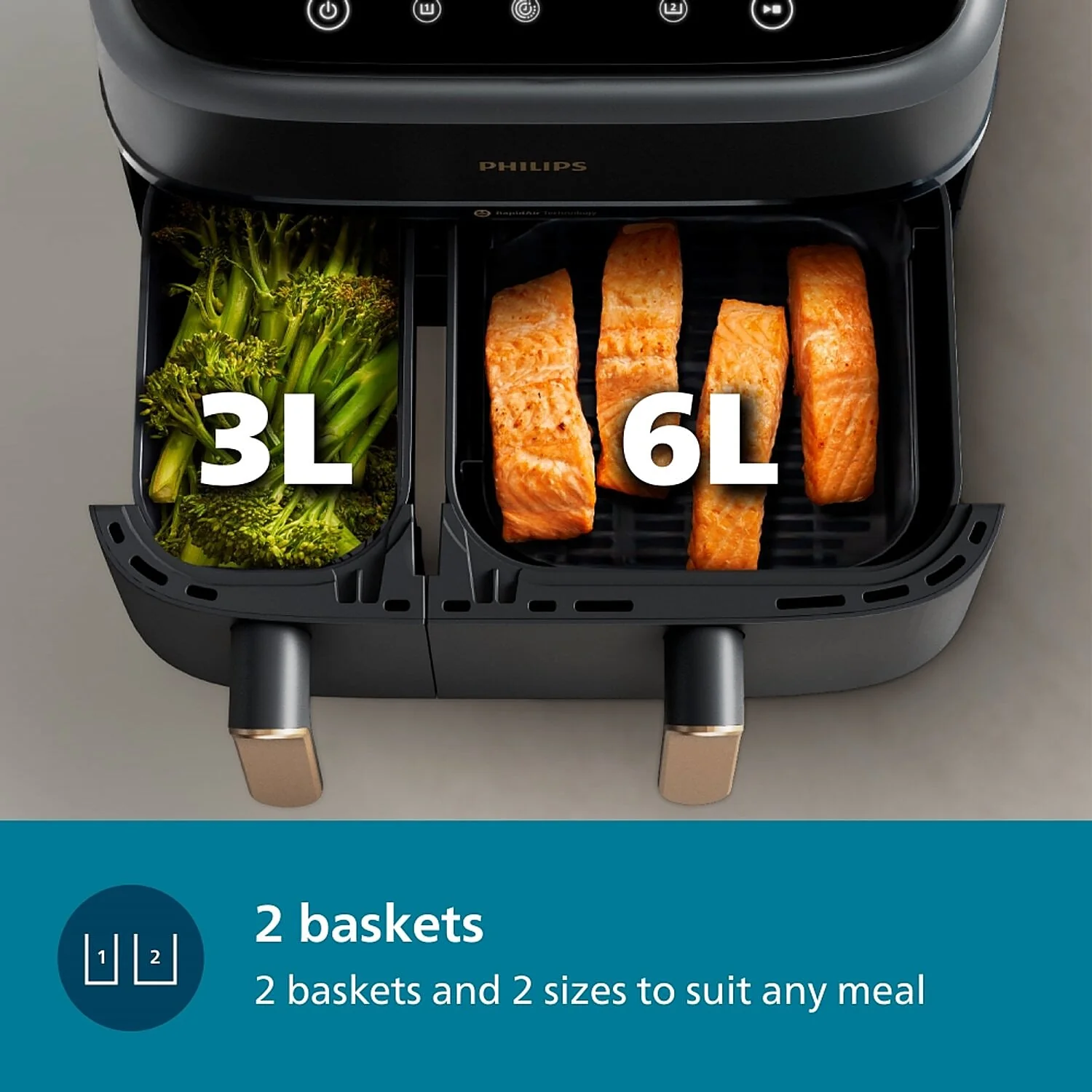 Philips 9L Airfryer with Dual Baskets for Full Tray Cooking & 8 Preset Menus - NA352/00 - Emp - Image 3