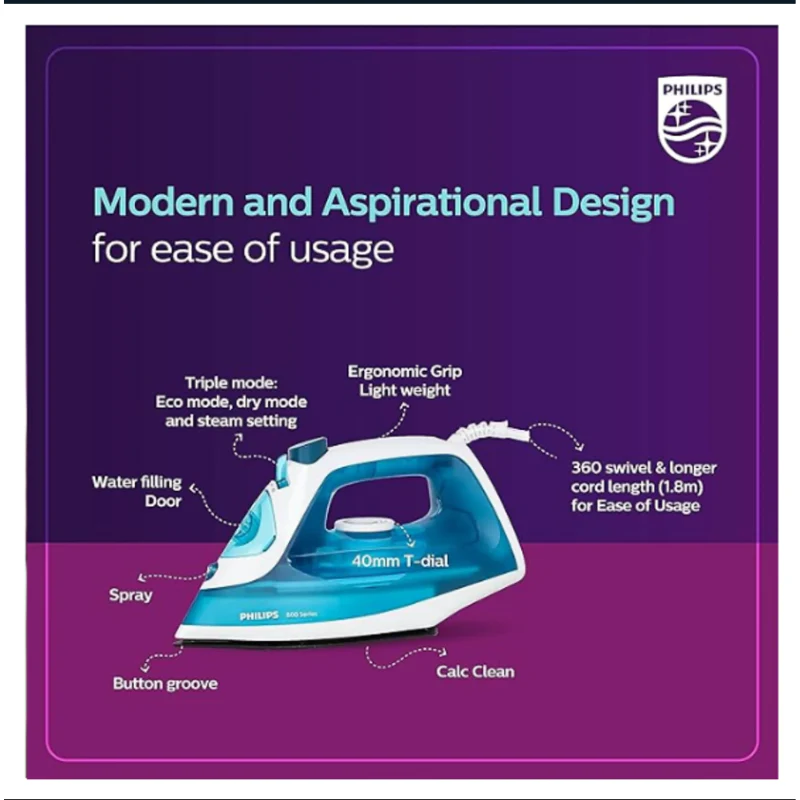Philips Steam Iron with Black non-stick soleplate and Steam Rate of up to 15 g/min - DST0820/20 - EMP - Image 2
