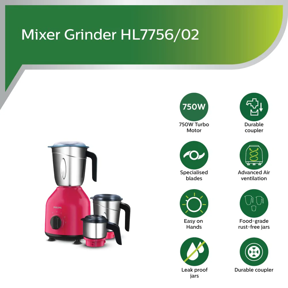 Refurbished Philips 750W Mixer Grinder 3 Jar Red - HL7756/02 - Liquidation - Image 3
